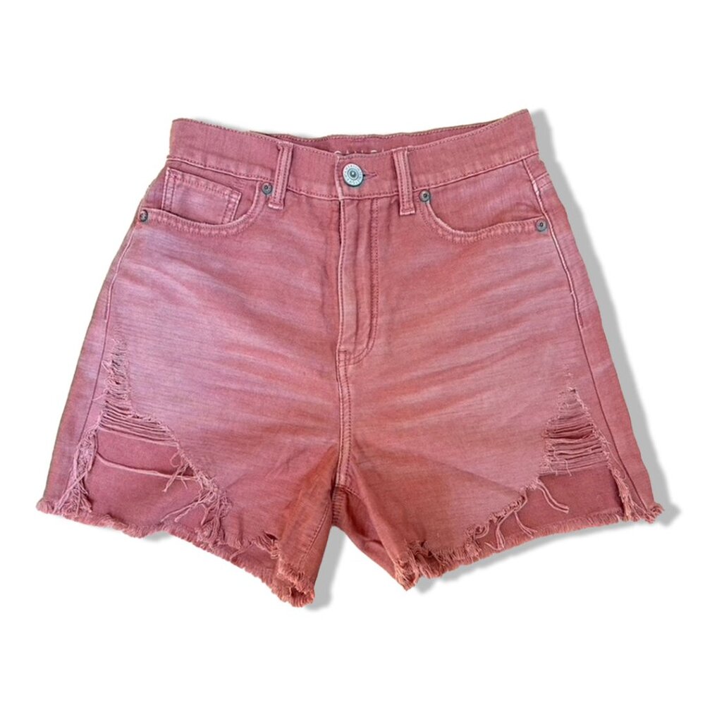 American Eagle High Rise Frayed Hem Distressed Shorts │ Size 0 Pink Denim
